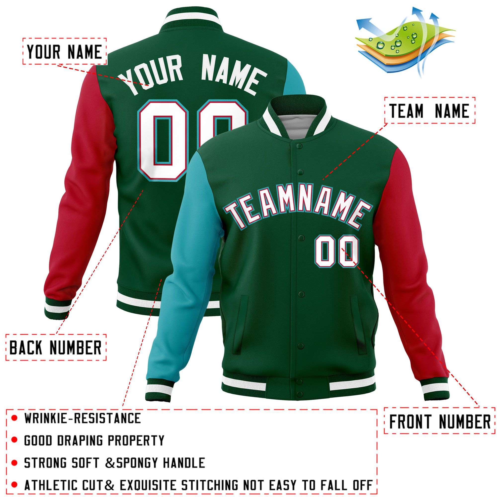 Custom Green Red-Aqua Raglan Sleeves Varsity Full-Snap Letterman Jacket