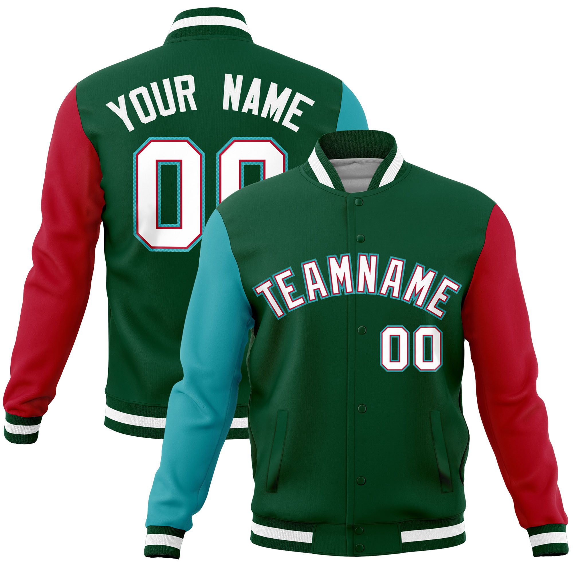 Custom Green Red-Aqua Raglan Sleeves Varsity Full-Snap Letterman Jacket