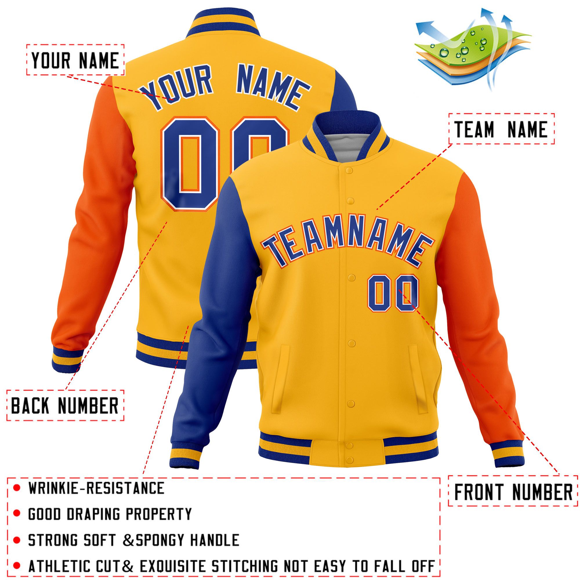 Custom Gold Orange-Royal Raglan Sleeves Varsity Full-Snap Letterman Jacket