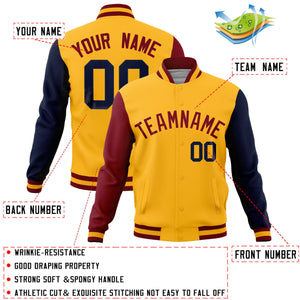 Custom Gold Navy-Crimson Raglan Sleeves Varsity Full-Snap Letterman Jacket