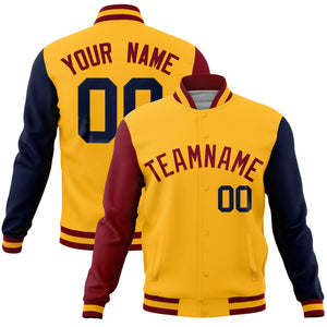 Custom Gold Navy-Crimson Raglan Sleeves Varsity Full-Snap Letterman Jacket