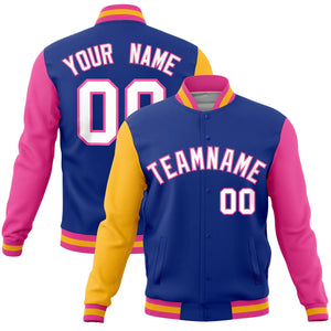 Custom Royal Pink-Gold Raglan Sleeves Varsity Full-Snap Letterman Jacket