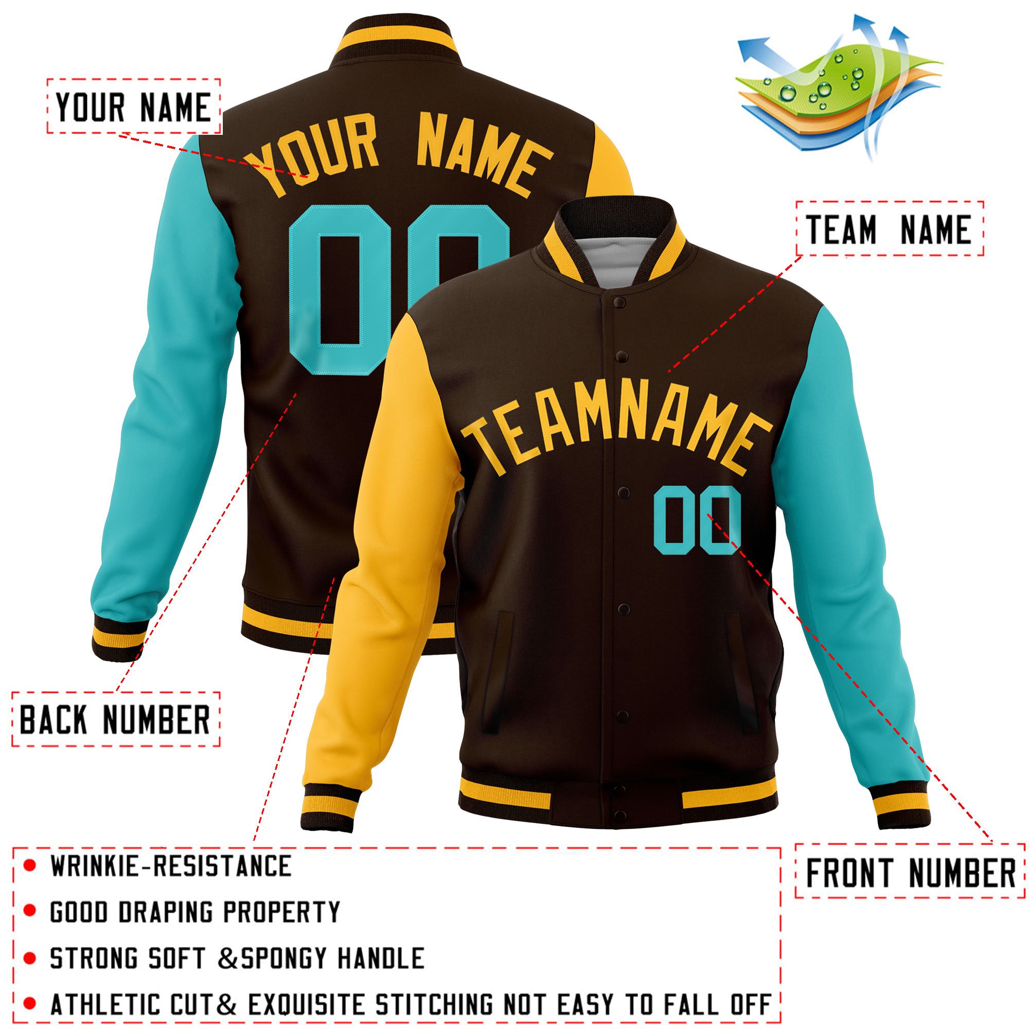 Custom Brown Bright Green-Gold Raglan Sleeves Varsity Full-Snap Letterman Jacket