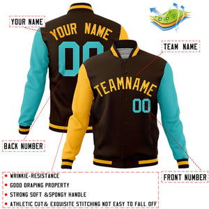 Custom Brown Bright Green-Gold Raglan Sleeves Varsity Full-Snap Letterman Jacket