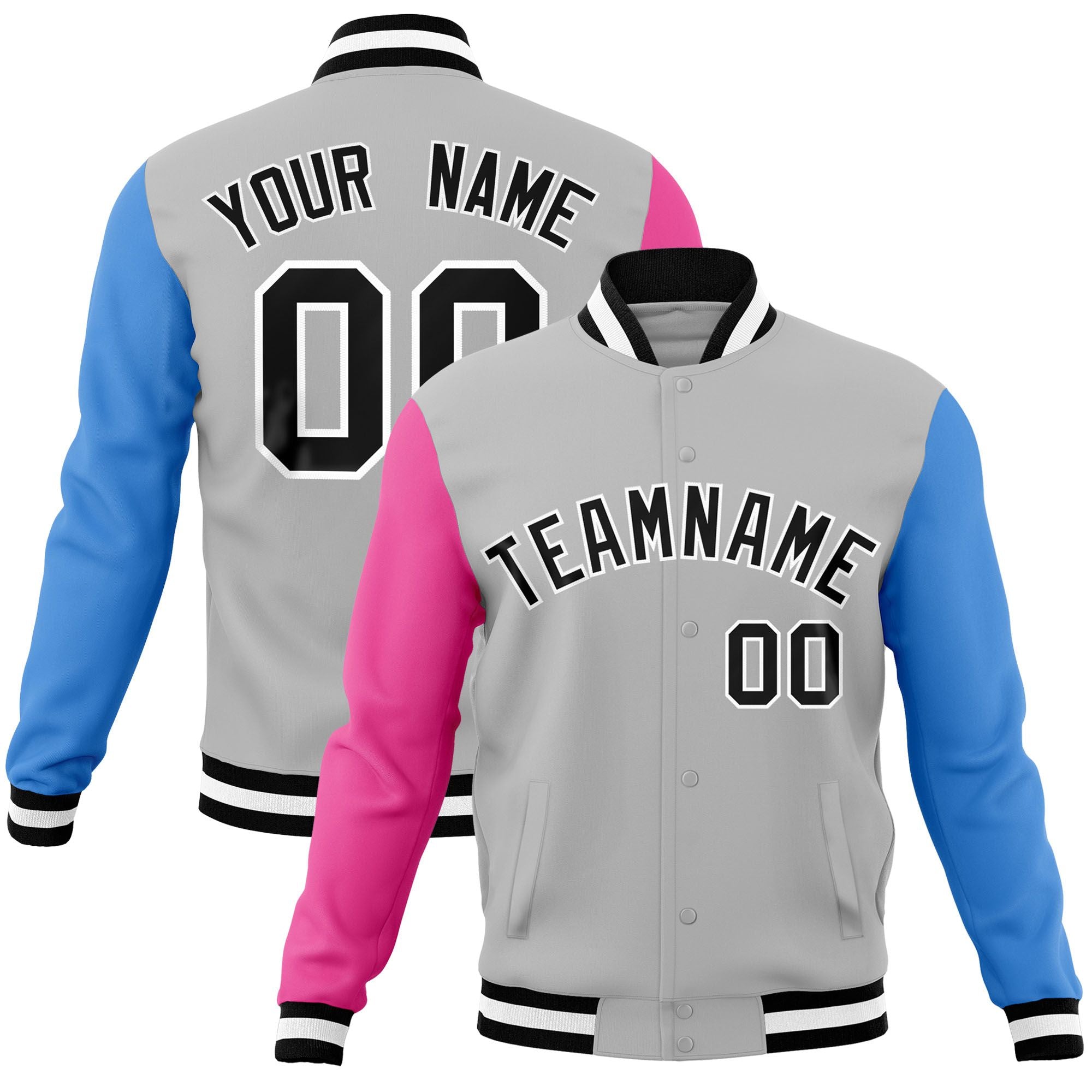 Custom Gray Pink-Powder Blue Raglan Sleeves Varsity Full-Snap Letterman Jacket