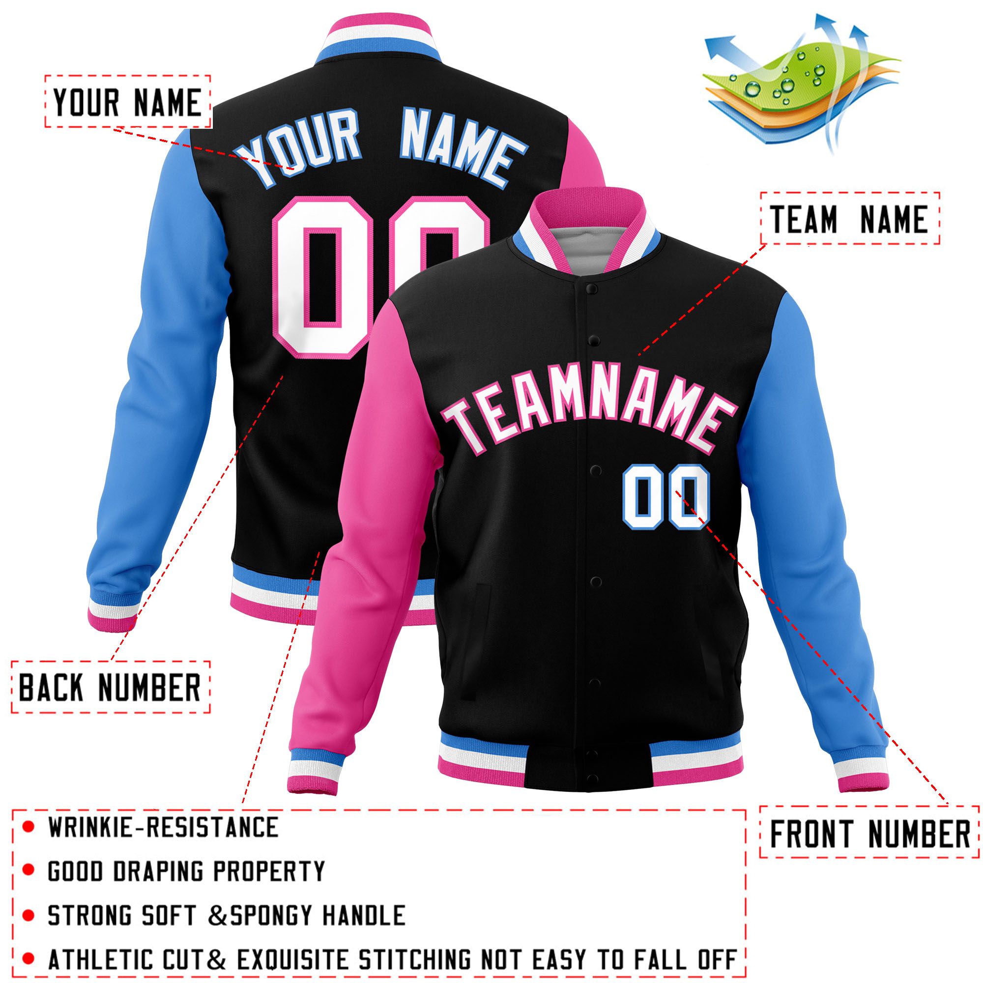 Custom Black Powder Blue-Pink Raglan Sleeves Varsity Full-Snap Letterman Jacket