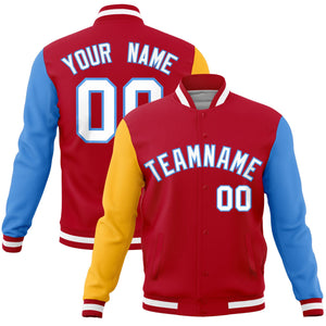 Custom Red Powder Blue-Gold Raglan Sleeves Varsity Full-Snap Letterman Jacket