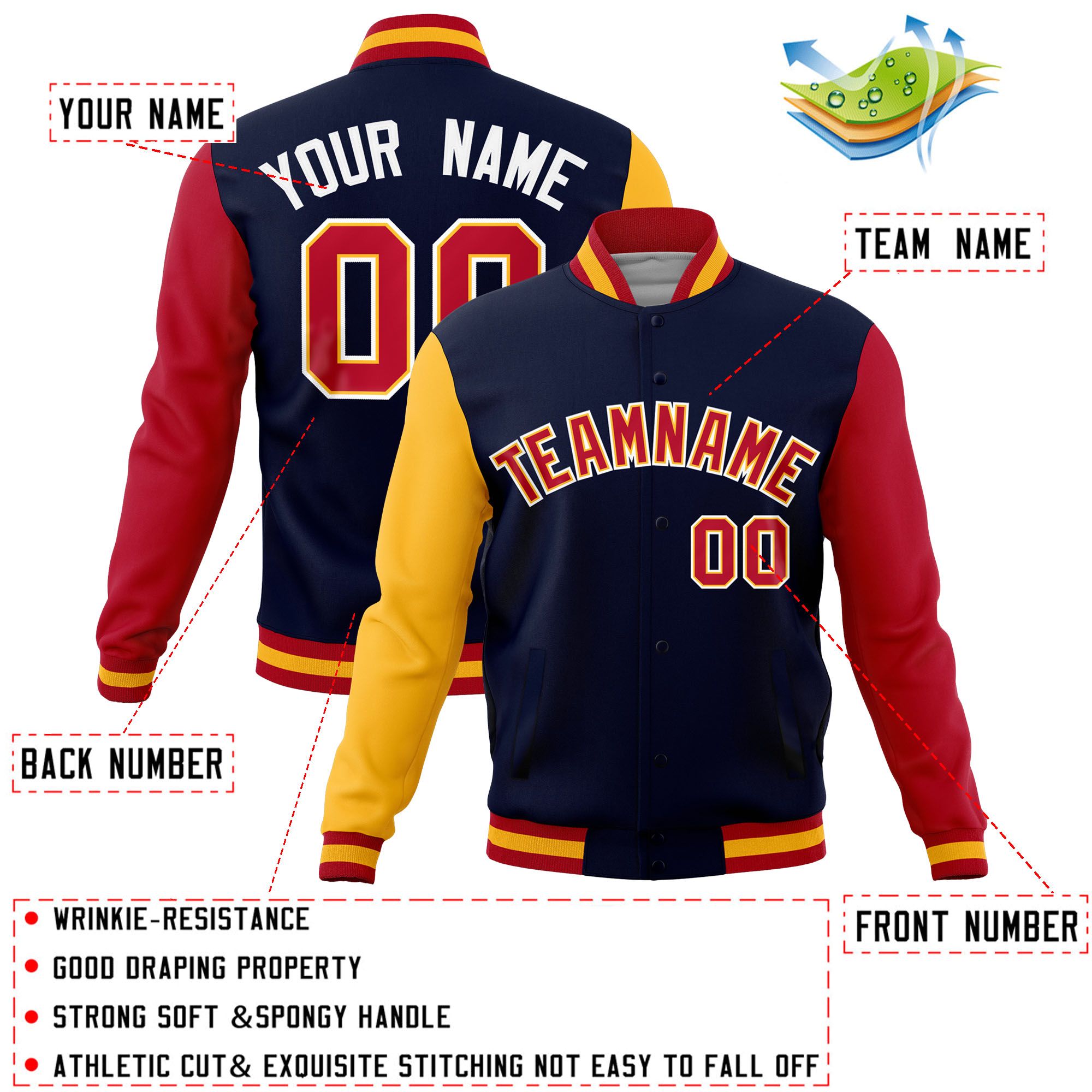 Custom Navy Red-Gold Raglan Sleeves Varsity Full-Snap Letterman Jacket