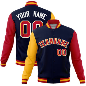 Custom Navy Red-Gold Raglan Sleeves Varsity Full-Snap Letterman Jacket