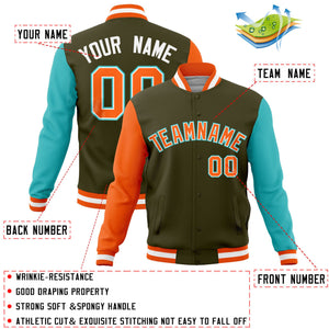 Custom Olive Bright Green-Orange Raglan Sleeves Varsity Full-Snap Letterman Jacket