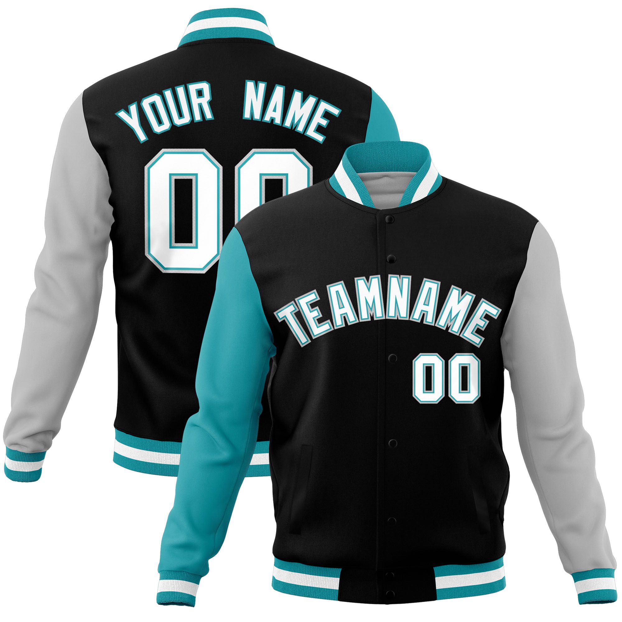 Custom Black Gray-Aqua Raglan Sleeves Varsity Full-Snap Letterman Jacket