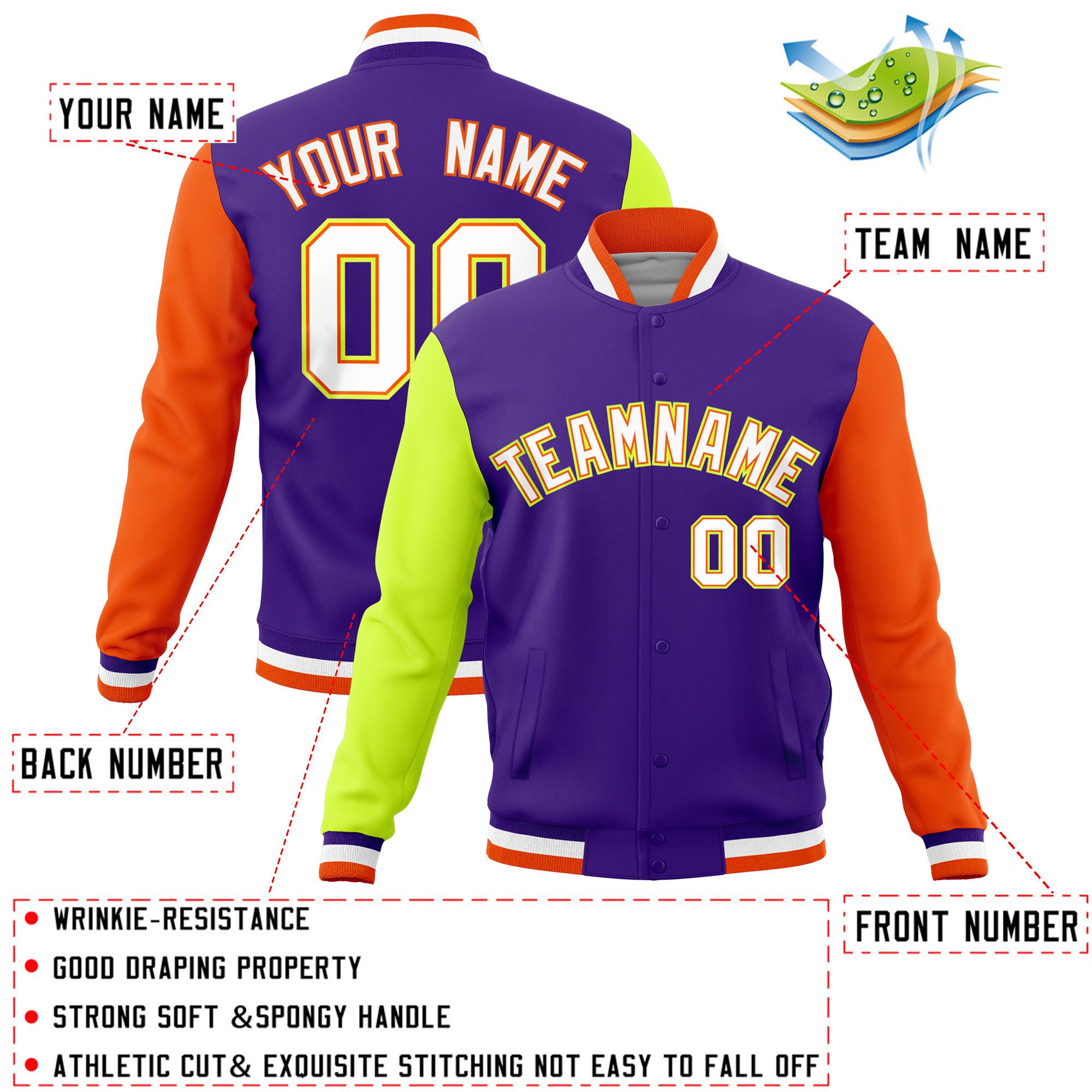 Custom Purple Orange-Neon Green Raglan Sleeves Varsity Full-Snap Letterman Jacket