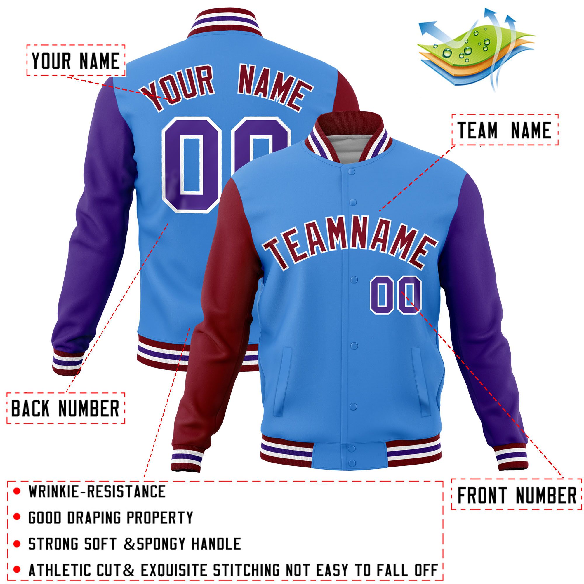 Custom Powder Blue Purple-Crimson Raglan Sleeves Varsity Full-Snap Letterman Jacket