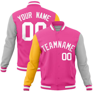 Custom Pink Gray-Gold Raglan Sleeves Varsity Full-Snap Letterman Jacket