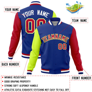 Custom Royal Red-Neon Green Raglan Sleeves Varsity Full-Snap Letterman Jacket