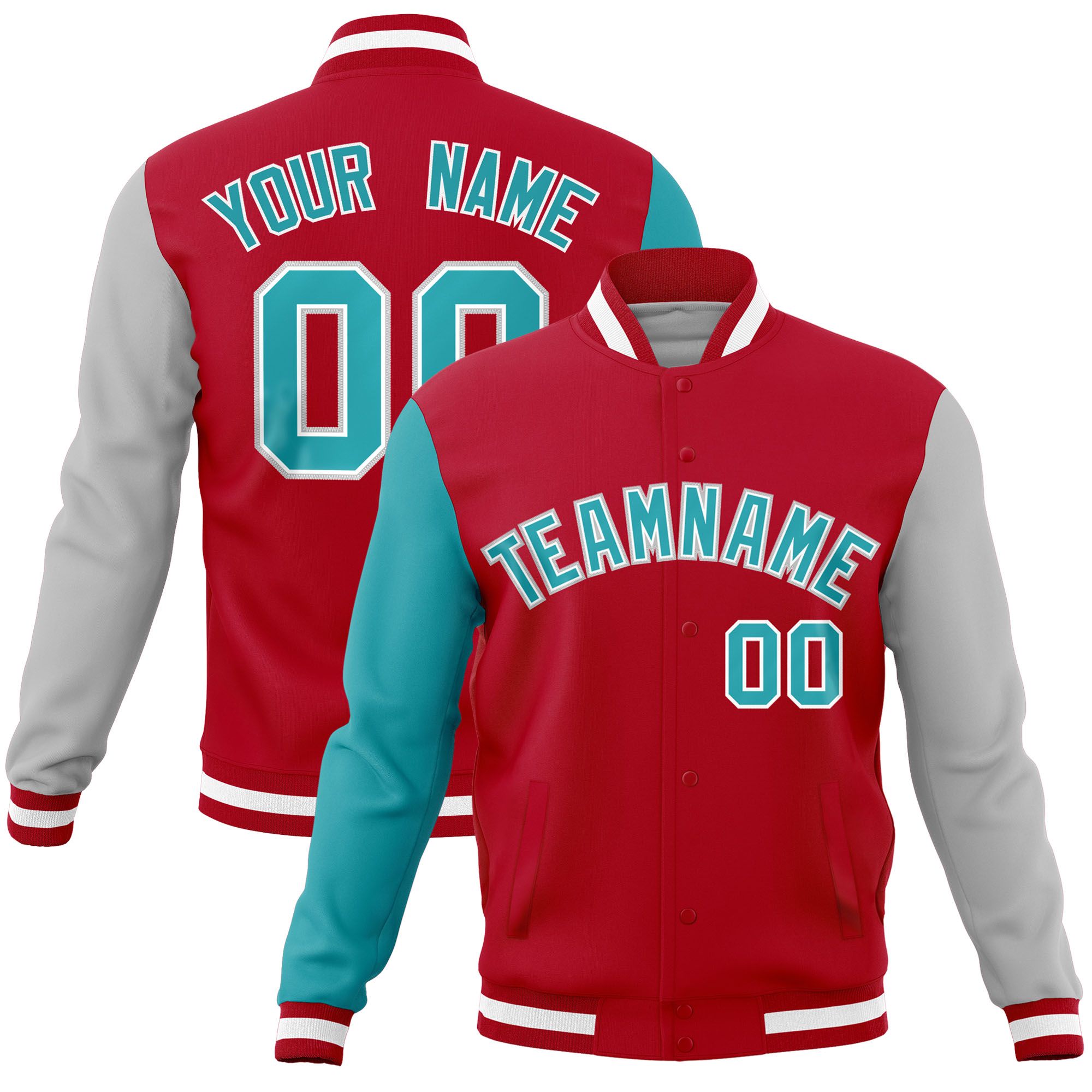 Custom Red Gray-Aqua Raglan Sleeves Varsity Full-Snap Letterman Jacket