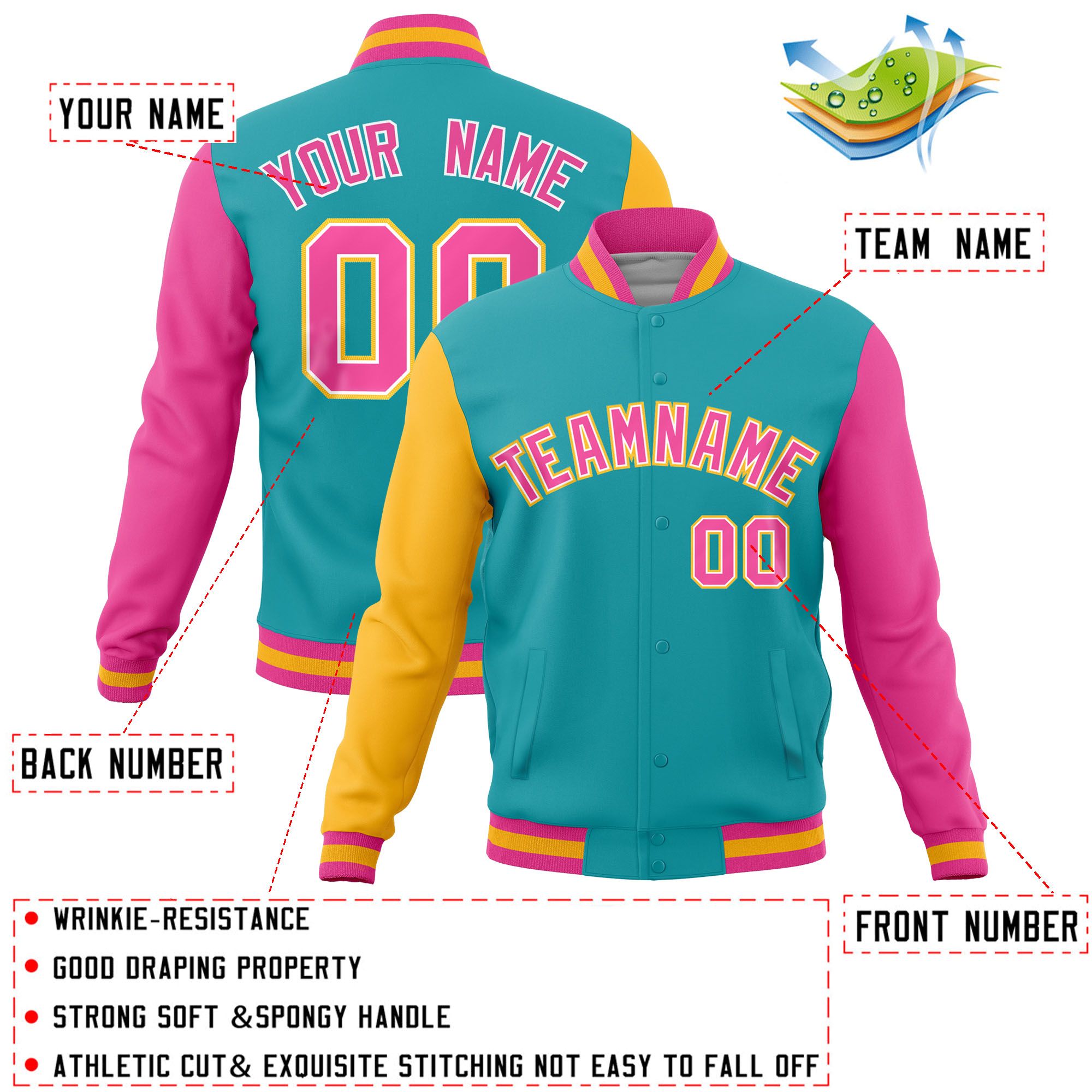 Custom Aqua Pink-Gold Raglan Sleeves Varsity Full-Snap Letterman Jacket