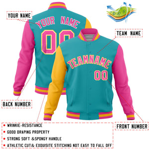 Custom Aqua Pink-Gold Raglan Sleeves Varsity Full-Snap Letterman Jacket