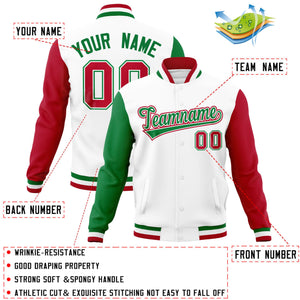 Custom White Red-Kelly Green Raglan Sleeves Varsity Full-Snap Letterman Jacket