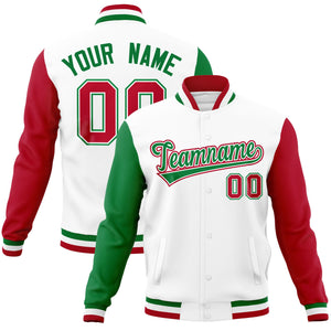 Custom White Red-Kelly Green Raglan Sleeves Varsity Full-Snap Letterman Jacket