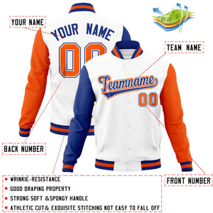 Custom White Orange-Royal Raglan Sleeves Varsity Full-Snap Letterman Jacket