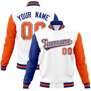 Custom White Orange-Royal Raglan Sleeves Varsity Full-Snap Letterman Jacket