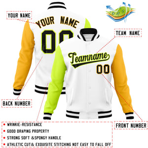 Custom White Gold-Neon Green Raglan Sleeves Varsity Full-Snap Letterman Jacket