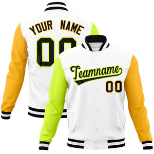 Custom White Gold-Neon Green Raglan Sleeves Varsity Full-Snap Letterman Jacket