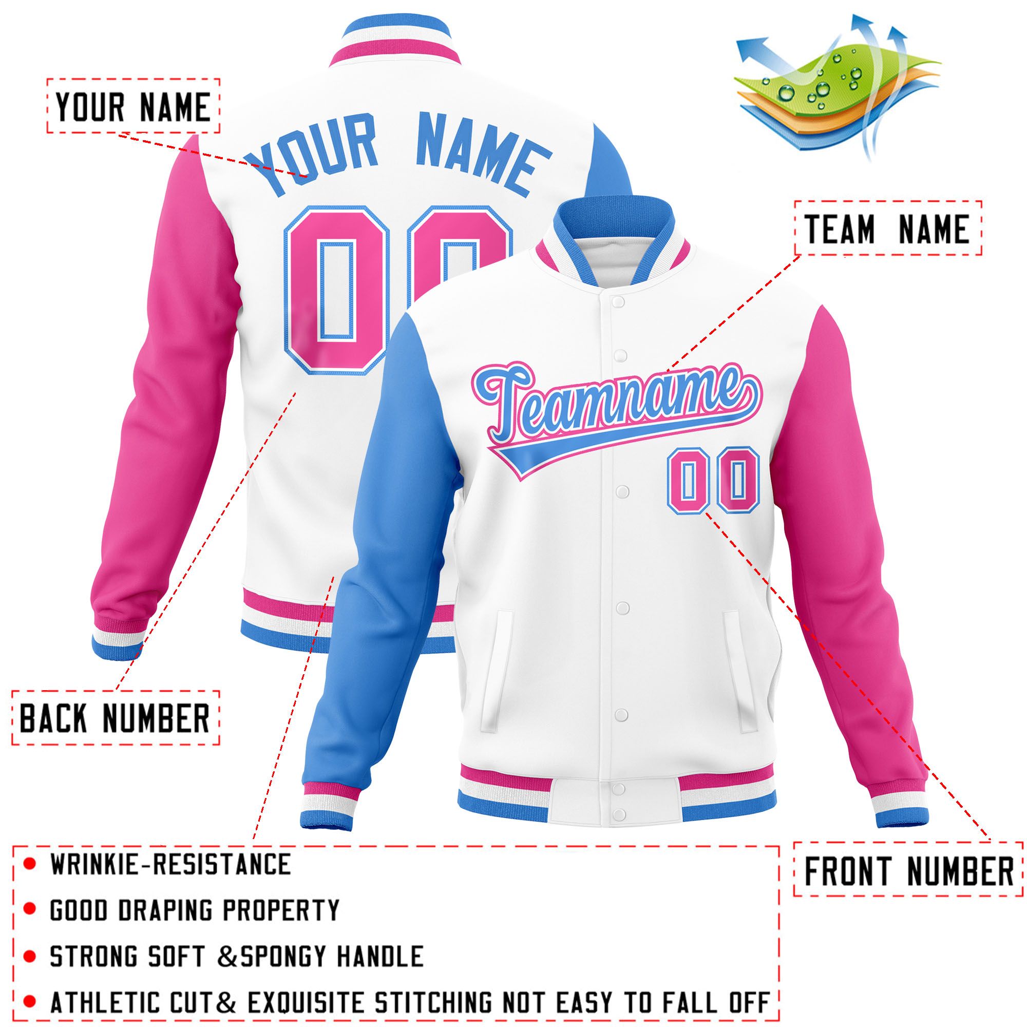 Custom White Pink-Powder Blue Raglan Sleeves Varsity Full-Snap Letterman Jacket