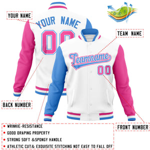 Custom White Pink-Powder Blue Raglan Sleeves Varsity Full-Snap Letterman Jacket