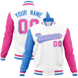 Custom White Pink-Powder Blue Raglan Sleeves Varsity Full-Snap Letterman Jacket