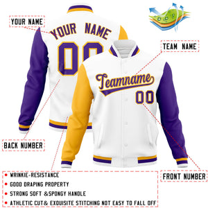 Custom White Purple-Gold Raglan Sleeves Varsity Full-Snap Letterman Jacket