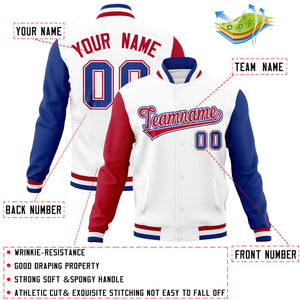 Custom White Royal-Red Raglan Sleeves Varsity Full-Snap Letterman Jacket