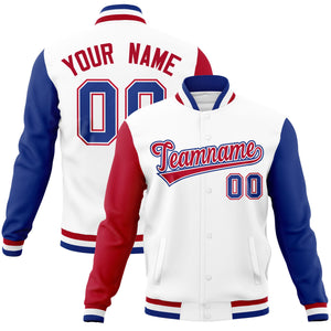 Custom White Royal-Red Raglan Sleeves Varsity Full-Snap Letterman Jacket