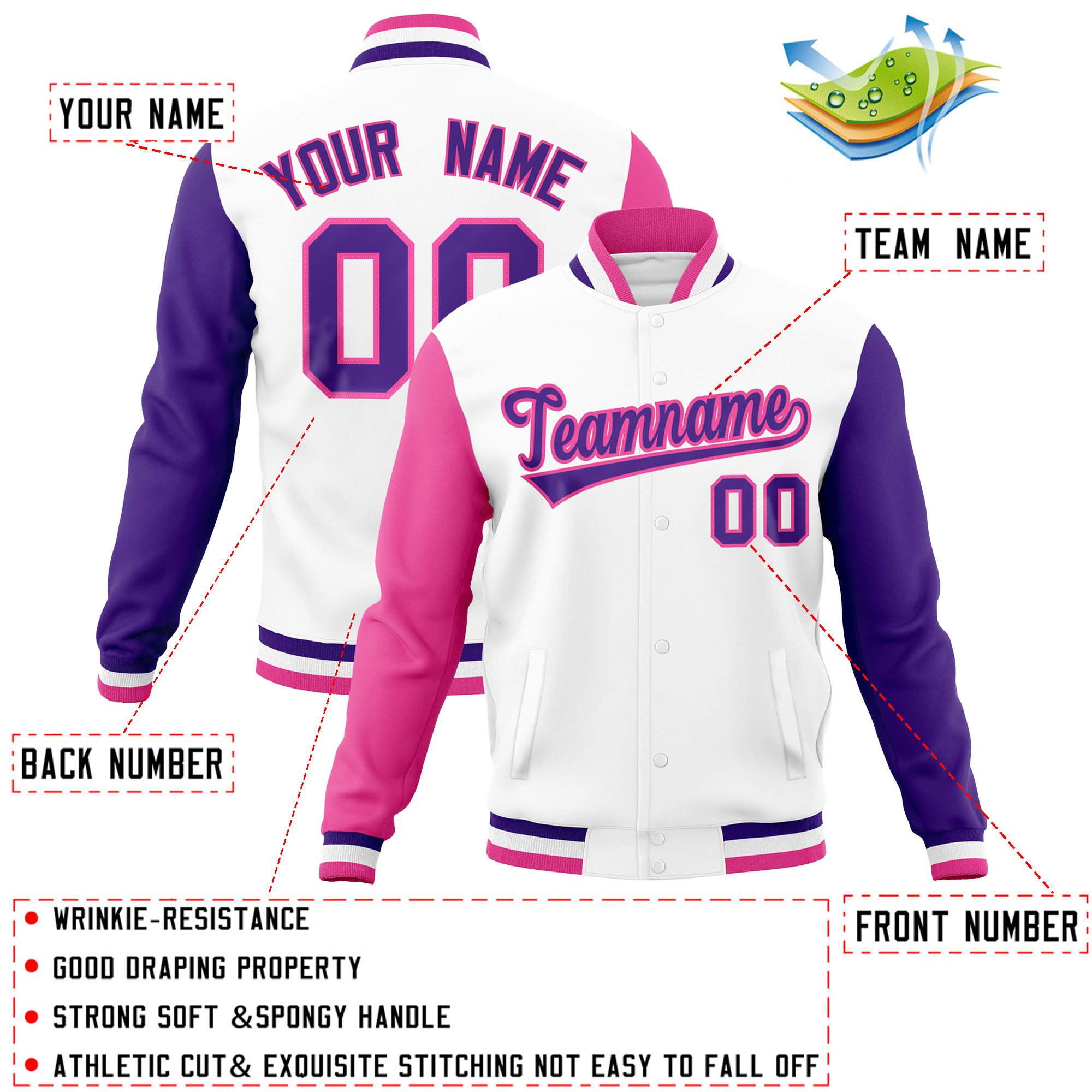 Custom White Purple-Pink Raglan Sleeves Varsity Full-Snap Letterman Jacket