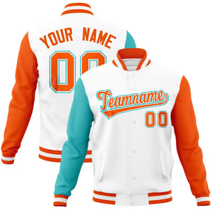 Custom White Orange-Bright Green Raglan Sleeves Varsity Full-Snap Letterman Jacket