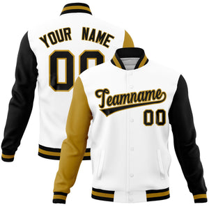 Custom White Black-Old Gold Raglan Sleeves Varsity Full-Snap Letterman Jacket