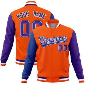 Custom Orange Purple-Royal Raglan Sleeves Varsity Full-Snap Letterman Jacket