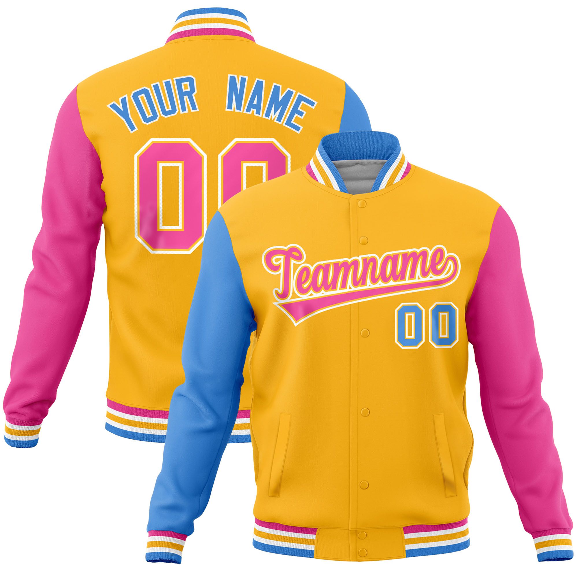 Custom Gold Pink-Powder Blue Raglan Sleeves Varsity Full-Snap Letterman Jacket