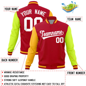 Custom Red Neon Green-Gold Raglan Sleeves Varsity Full-Snap Letterman Jacket