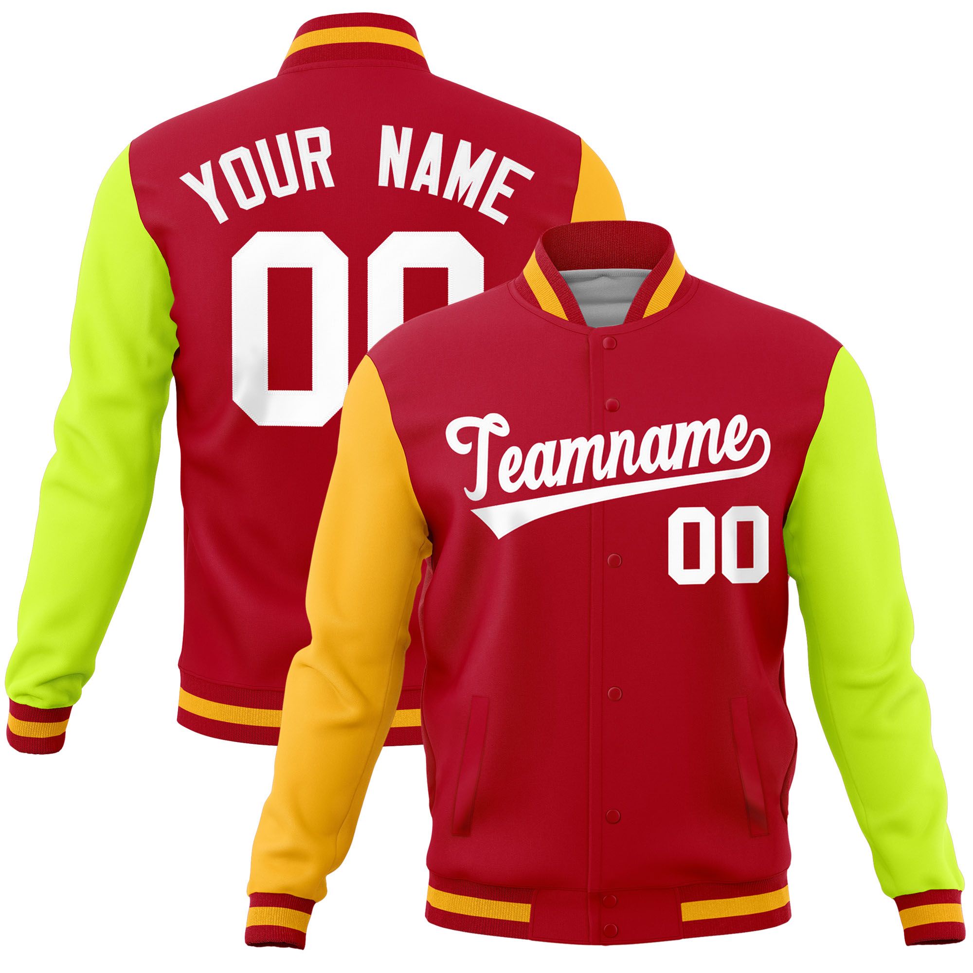 Custom Red Neon Green-Gold Raglan Sleeves Varsity Full-Snap Letterman Jacket