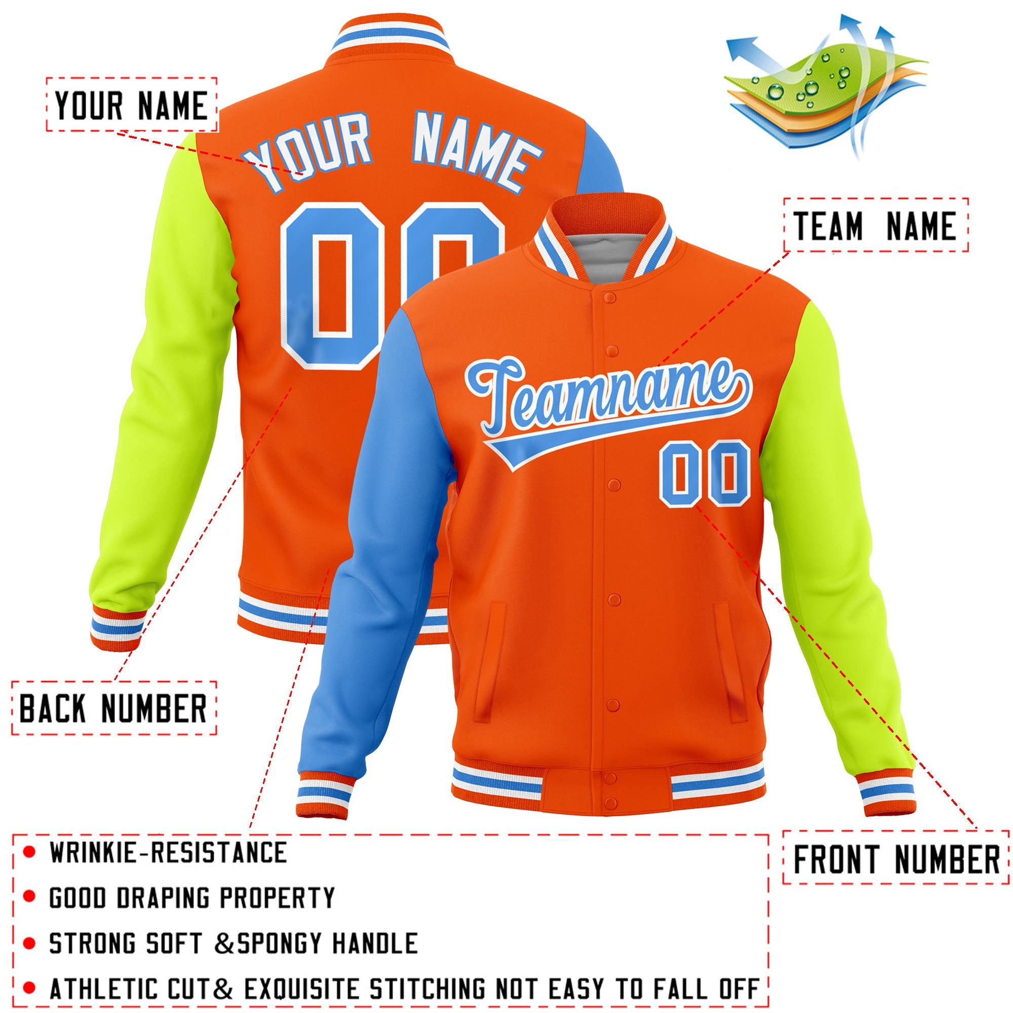 Custom Orange Neon Green-Powder Blue Raglan Sleeves Varsity Full-Snap Letterman Jacket