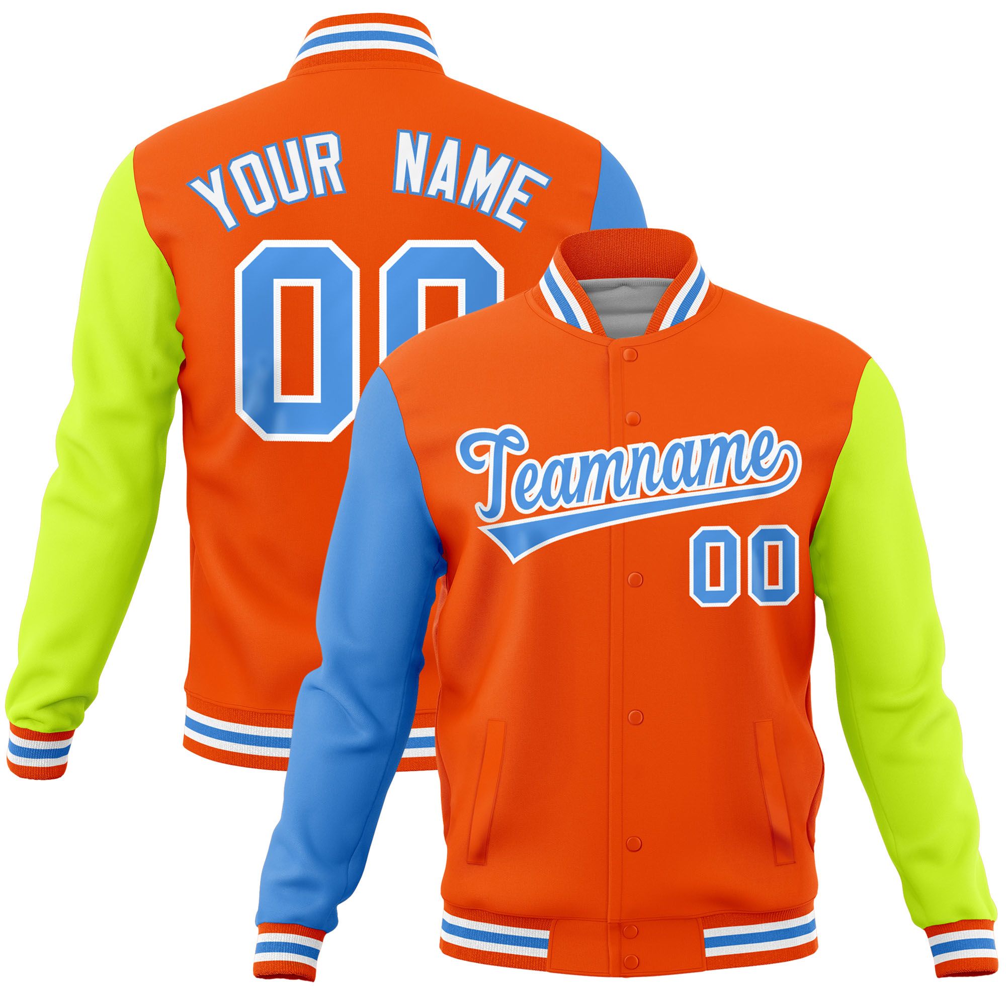 Custom Orange Neon Green-Powder Blue Raglan Sleeves Varsity Full-Snap Letterman Jacket