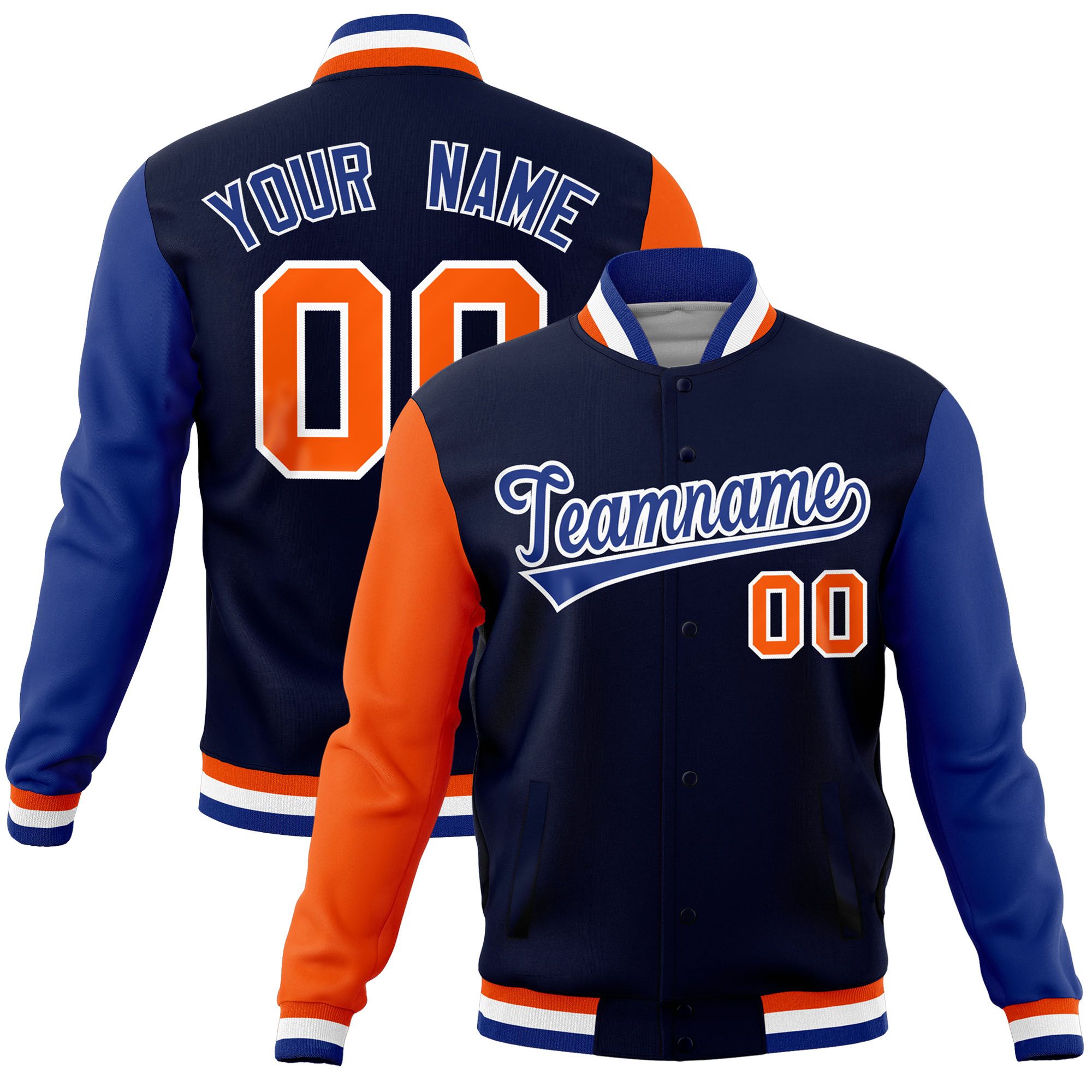 Custom Navy Royal-Orange Raglan Sleeves Varsity Full-Snap Letterman Jacket