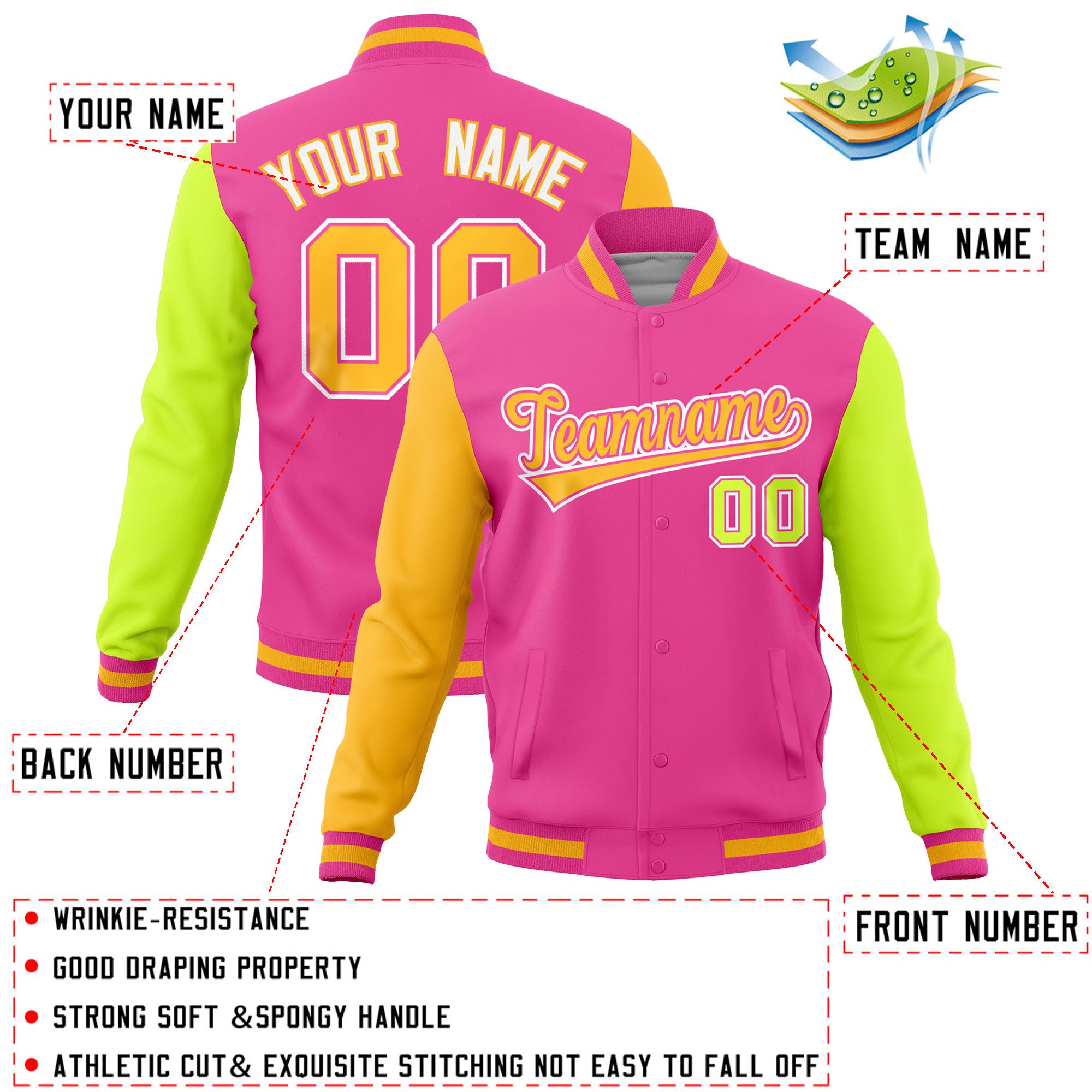 Custom Pink Neon Green-Gold Raglan Sleeves Varsity Full-Snap Letterman Jacket