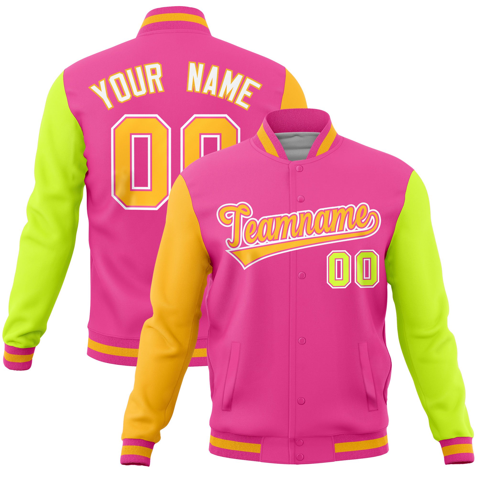 Custom Pink Neon Green-Gold Raglan Sleeves Varsity Full-Snap Letterman Jacket