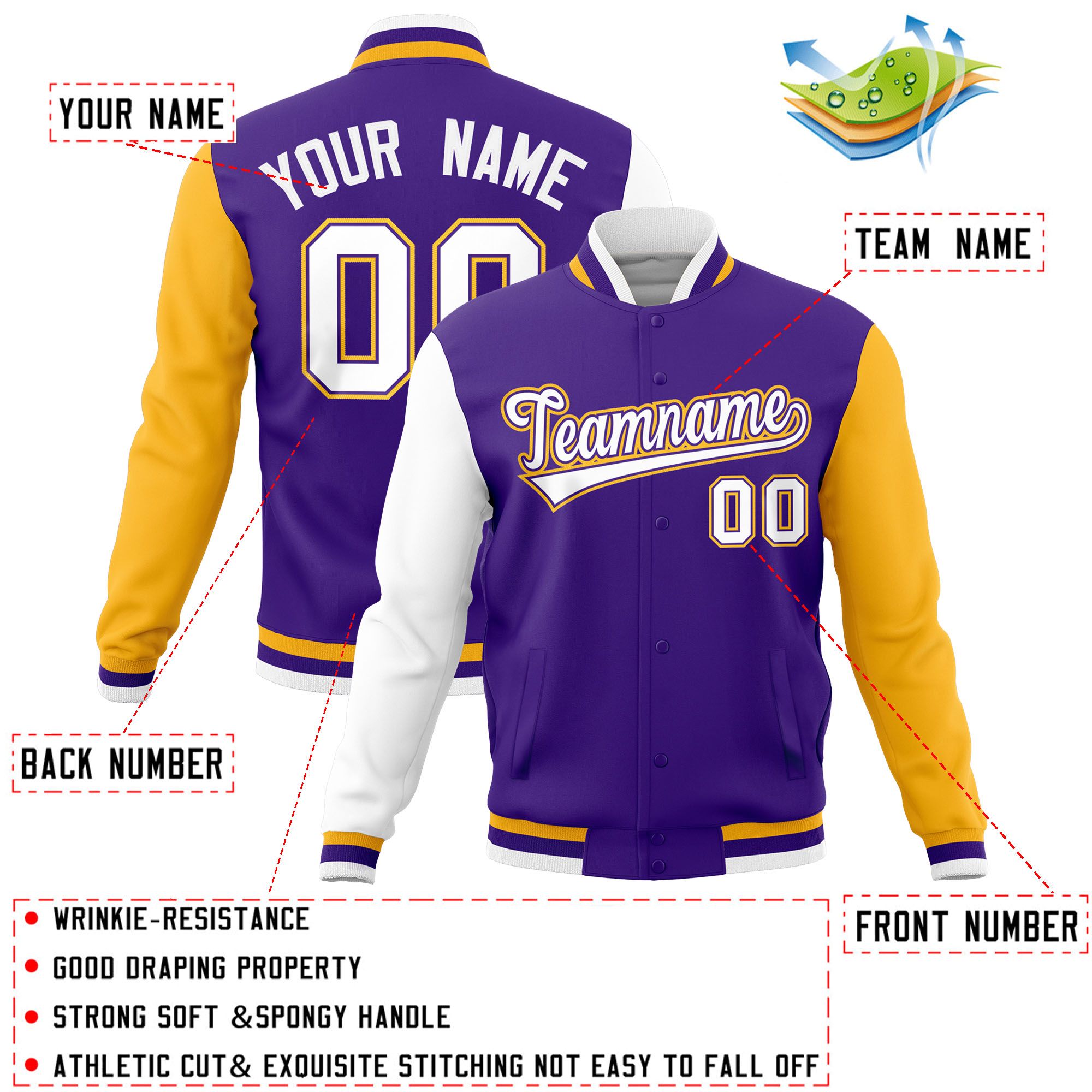 Custom Purple Gold-White Raglan Sleeves Varsity Full-Snap Letterman Jacket