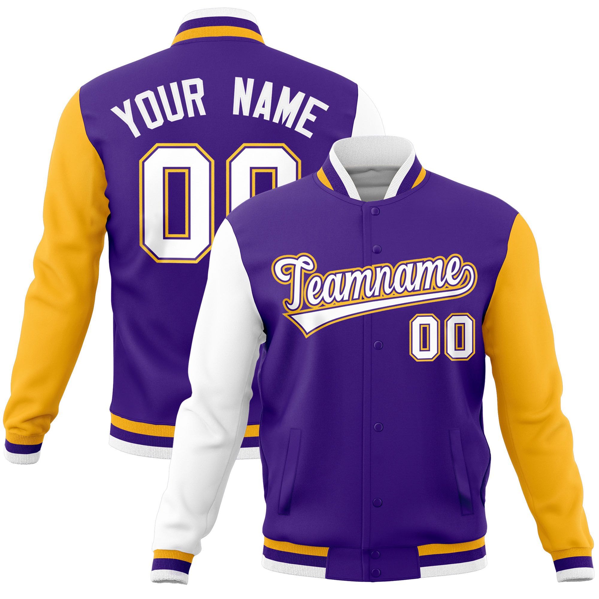 Custom Purple Gold-White Raglan Sleeves Varsity Full-Snap Letterman Jacket