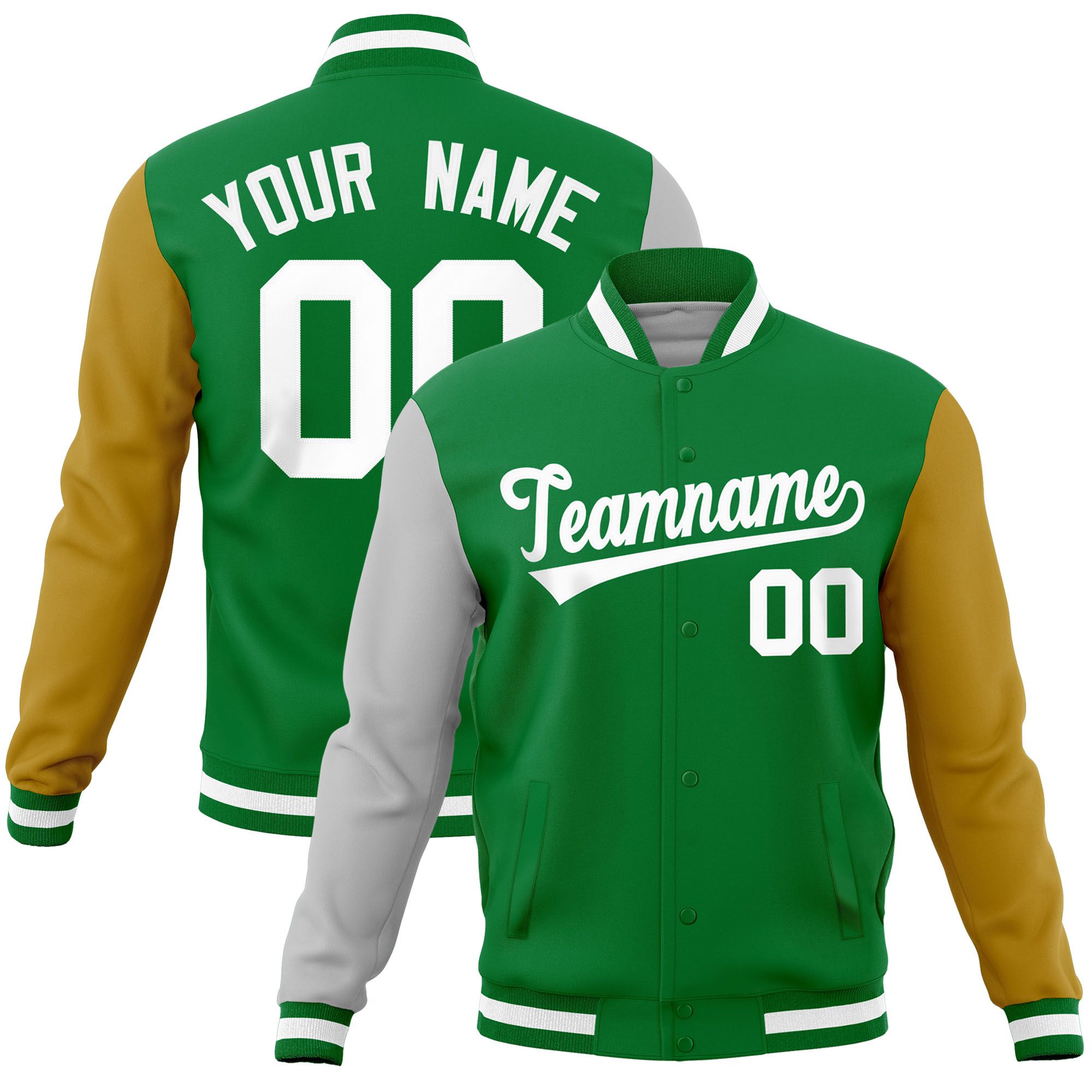 Custom Kelly Green Old Gold-Gray Raglan Sleeves Varsity Full-Snap Letterman Jacket