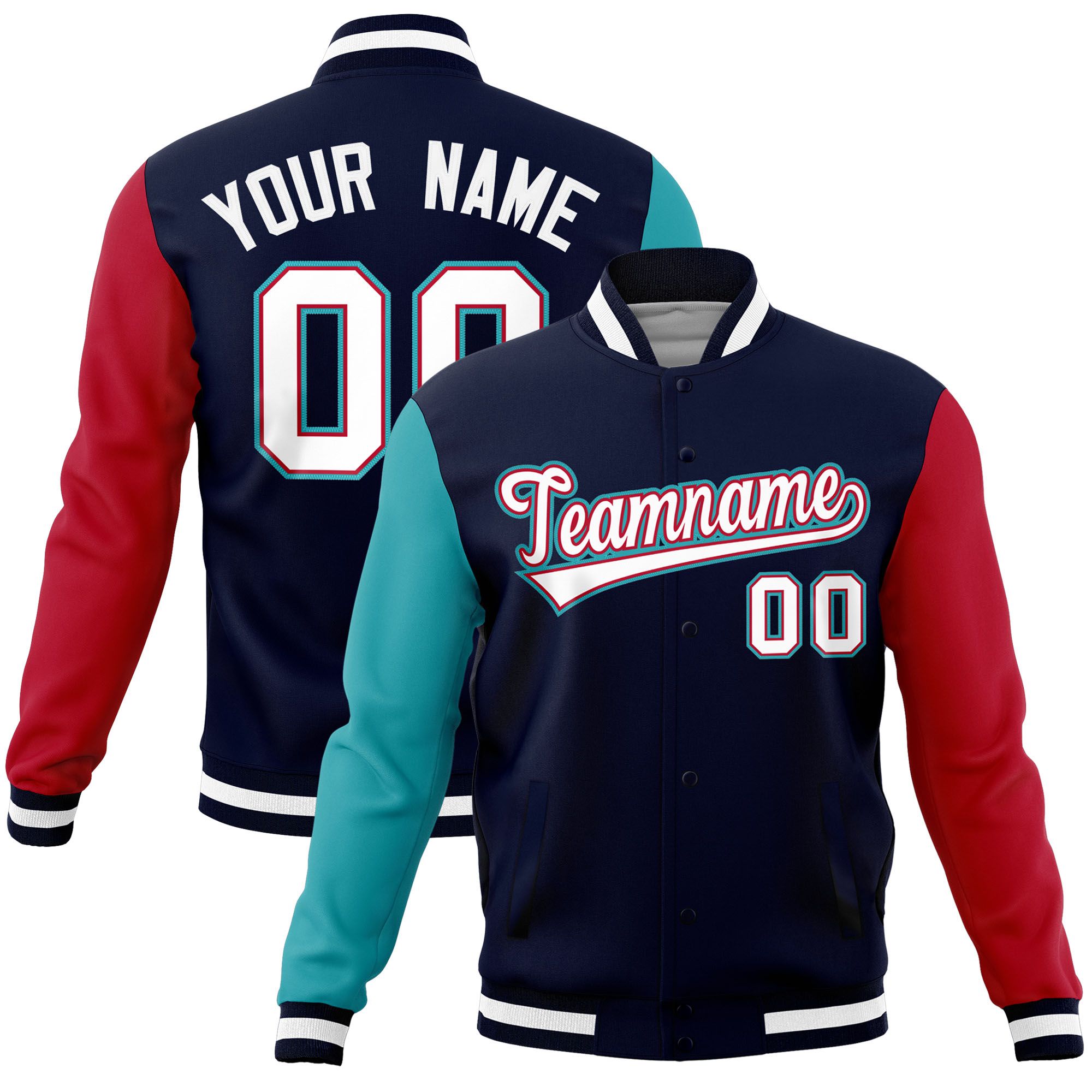 Custom Navy Red-Aqua Raglan Sleeves Varsity Full-Snap Letterman Jacket